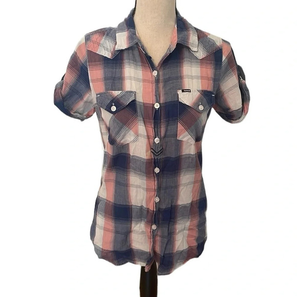 Hurley Vintage EUC Button Up Shirt Top Blouse Blue Pink Plaid Roll Sleeve Small - Picture 1 of 10